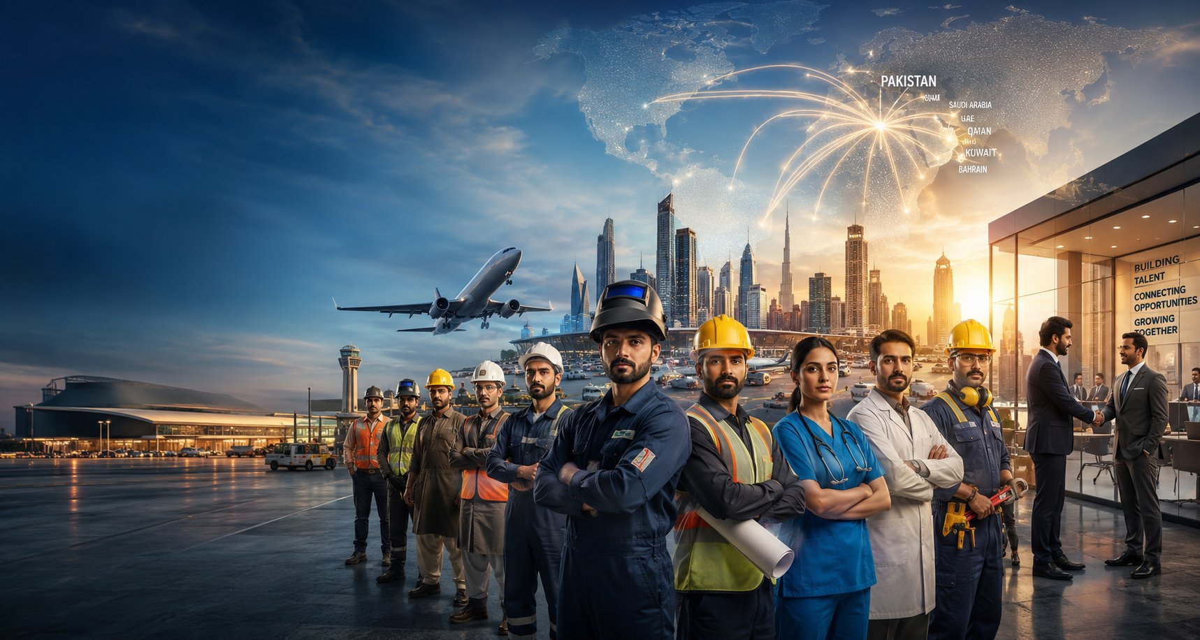 Skilled Pakistani engineers, welders, electricians, nurses and technicians standing at an airport tarmac with the Dubai skyline and a glowing Pakistan-to-Gulf route map in the background